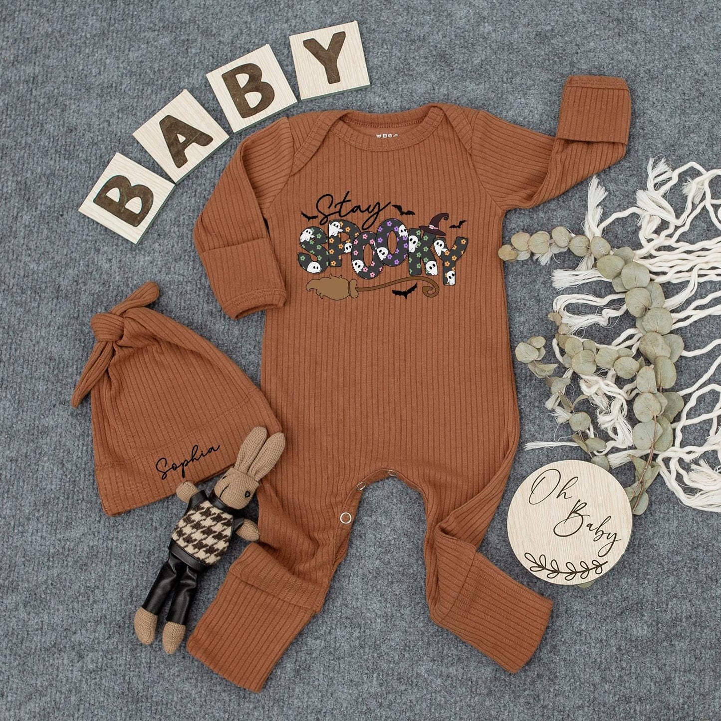 Stay Spooky Halloween Baby Outfit Set - Custom Bodysuit & Hat for Newborns! Cute Ghost & Witch Design Boho Clothes & Baby Gifts