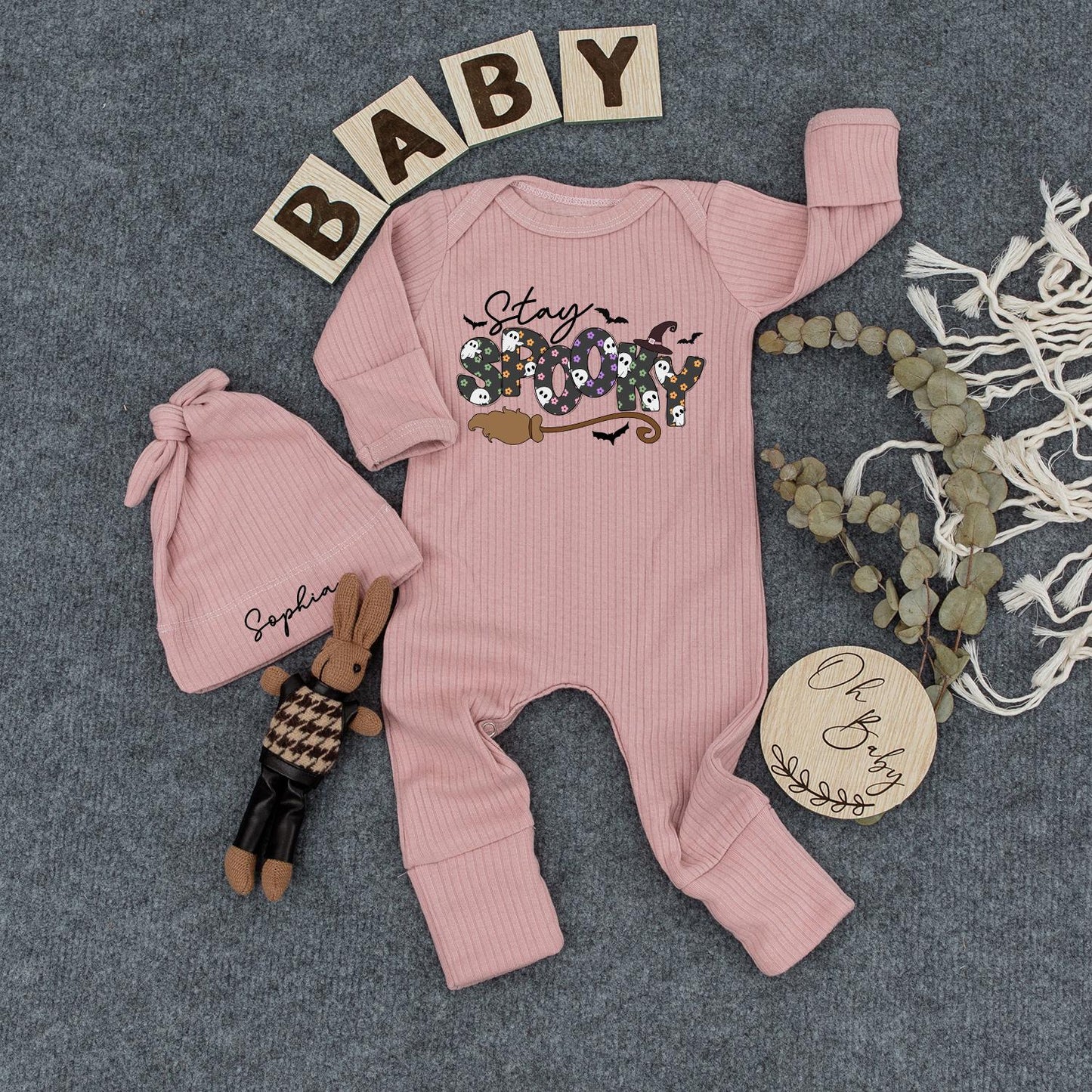 Stay Spooky Halloween Baby Outfit Set - Custom Bodysuit & Hat for Newborns! Cute Ghost & Witch Design Boho Clothes & Baby Gifts