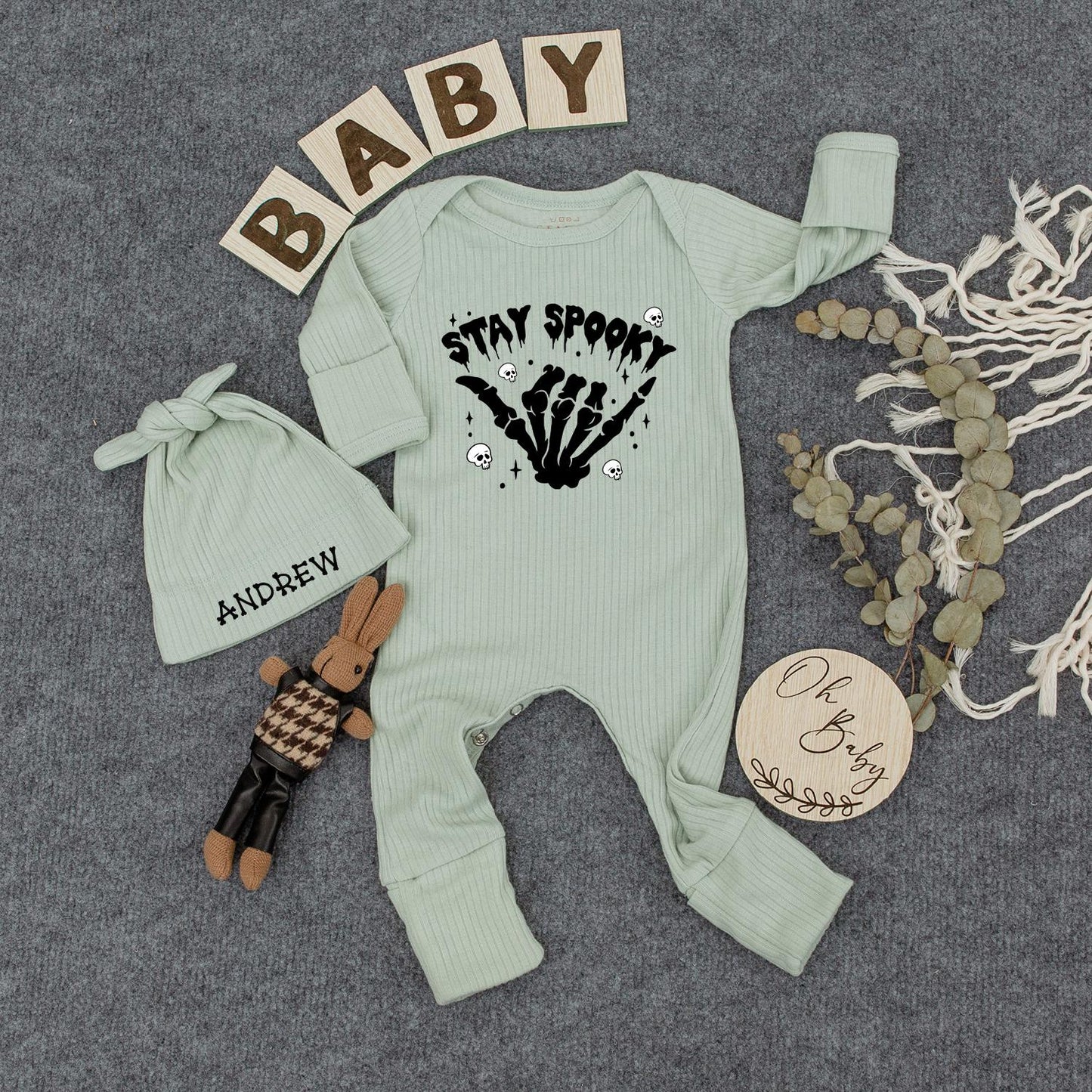 Stay Spooky Baby Bodysuit & Hat Set, Halloween Outfit Newborn Gift, Cute Witch Romper, Infant Clothes, Black Skeleton Hand Design Party, Unisex, Mom Gift