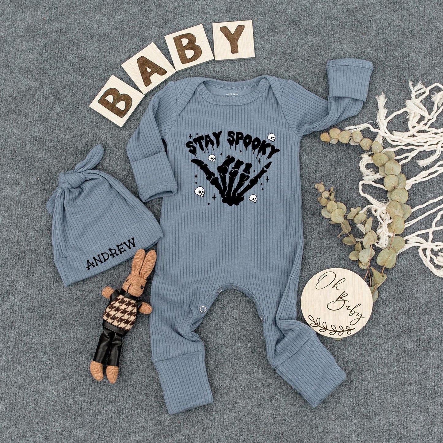 Stay Spooky Baby Bodysuit & Hat Set, Halloween Outfit Newborn Gift, Cute Witch Romper, Infant Clothes, Black Skeleton Hand Design Party, Unisex, Mom Gift