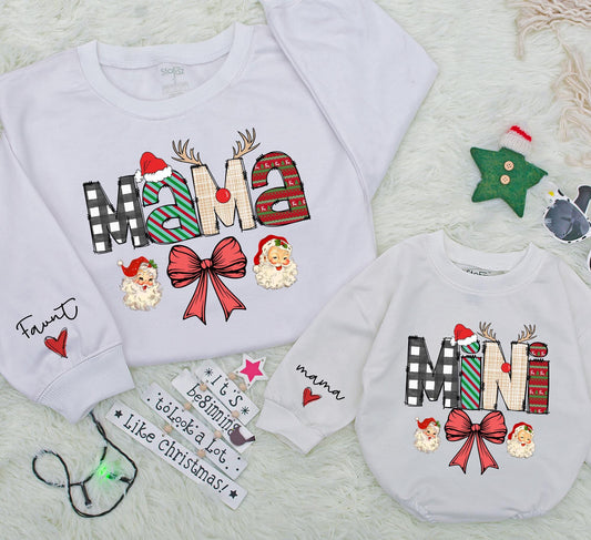 Mama and Mini Matching Christmas Sweatshirts, Buffalo Plaid Holiday Outfits for Mom, Daughter, Baby, Vintage Santa, Red Bow Whimsical Matching Family Set (140 chars)