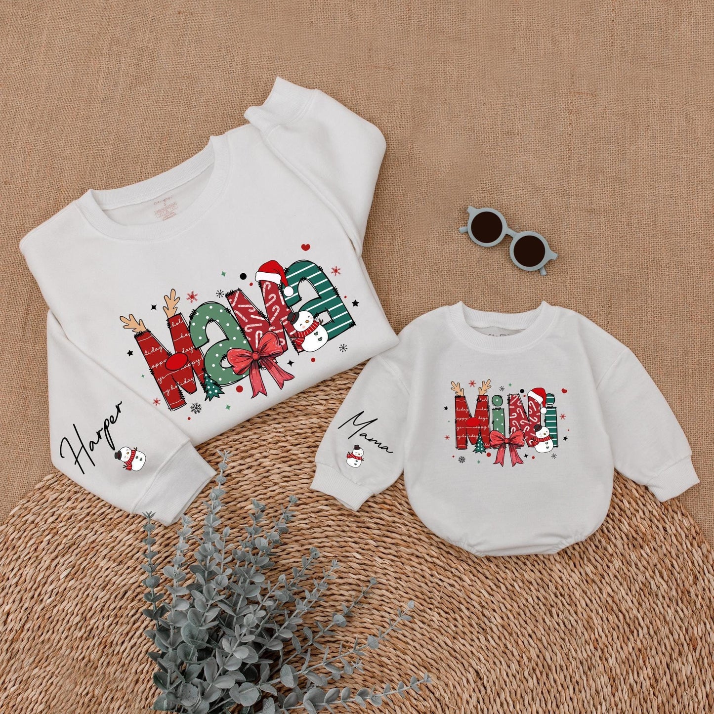 Custom Christmas Mama and Mini Sweatshirts with Festive Holiday Snowmen Snowflakes Trees Whimsical Cheerful Family Outfits Soft Warm Gifts