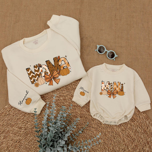Mama & Mini Matching Fall Sweatshirt, Personalized Thanksgiving Outfit for Mommy and Me, Cozy Autumn Leaves Sweater, Custom Baby Name Pumpkin Shirt, Family Set
