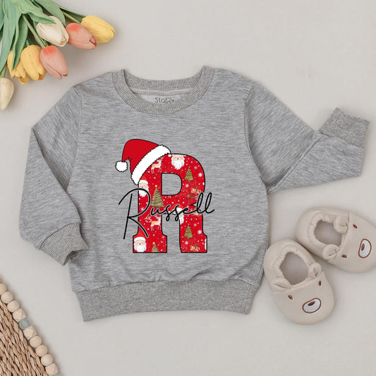 Personalized Baby's 1st Christmas Sweatshirt with Initial B & Santa Hat, Custom Name Bennett, Cute Holiday Outfit, New Baby Gift for Girls 137 chars