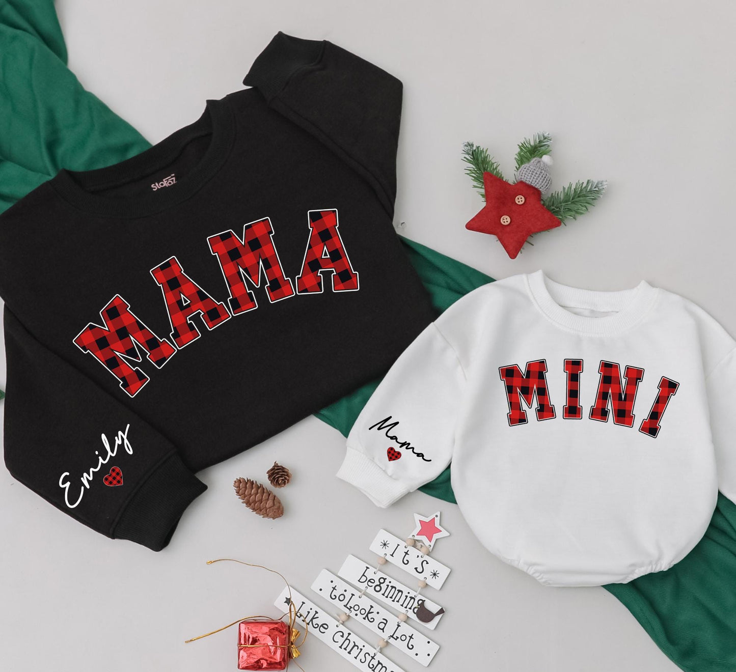 Personalized Mama and Mini Red Buffalo Plaid Sweatshirts for Mom and Baby Matching Christmas Outfits Custom Name on Sleeve Daughter Kid Gift