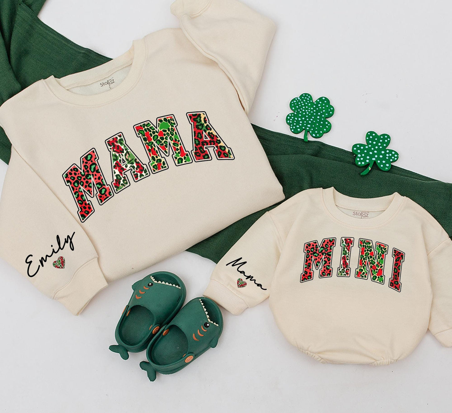 Mama and Mini Leopard Christmas Sweatshirt Matching Outfit, Festive Mommy and Me Top, Emily Sleeve Detail, Red Green Animal Print Holiday Clothes