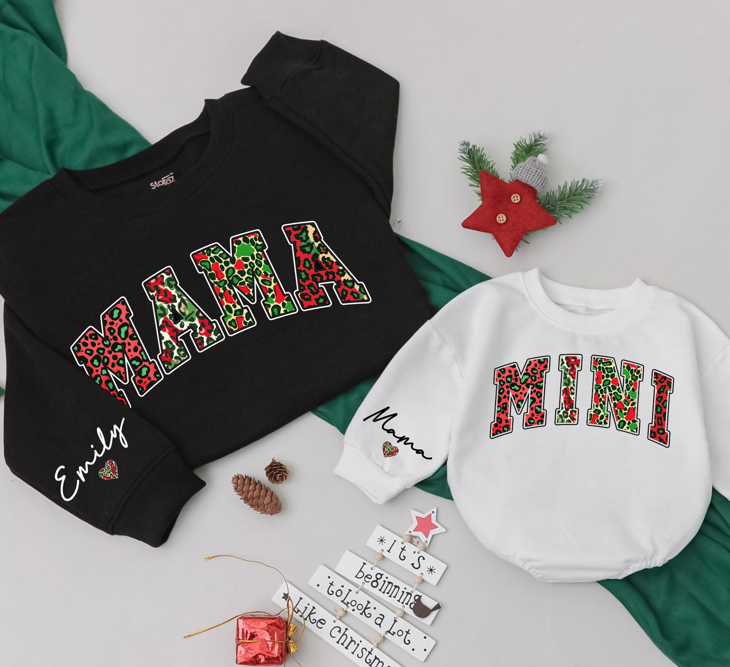 Mama and Mini Leopard Christmas Sweatshirt Matching Outfit, Festive Mommy and Me Top, Emily Sleeve Detail, Red Green Animal Print Holiday Clothes