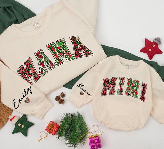 Mama and Mini Leopard Christmas Sweatshirt Matching Outfit, Festive Mommy and Me Top, Emily Sleeve Detail, Red Green Animal Print Holiday Clothes
