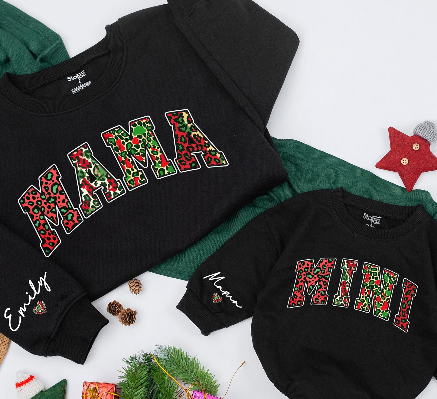 Mama and Mini Leopard Christmas Sweatshirt Matching Outfit, Festive Mommy and Me Top, Emily Sleeve Detail, Red Green Animal Print Holiday Clothes