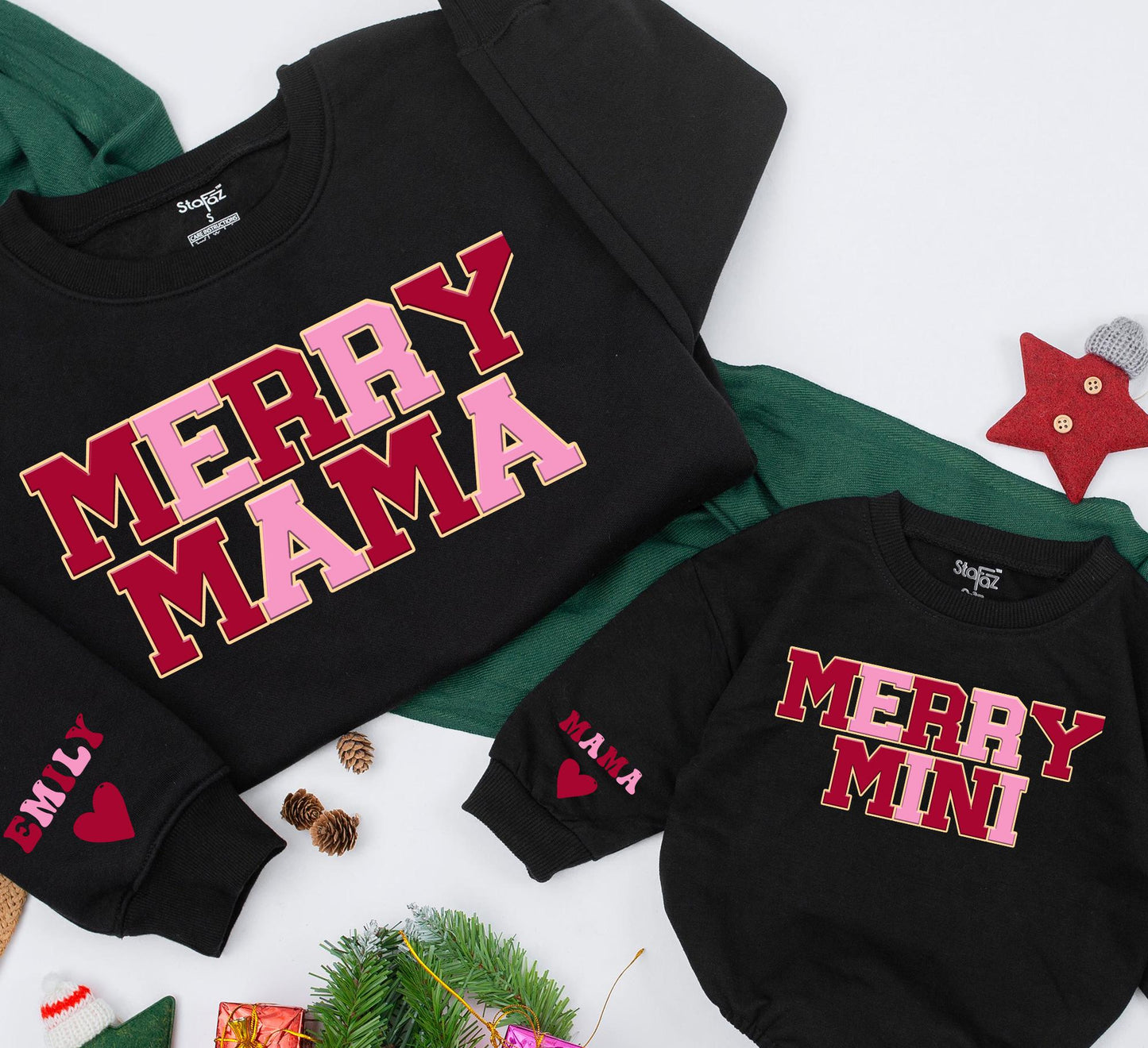 Matching Merry Mama and Mini Sweatshirts, Red-Brown & Pink Christmas Family Outfits, Personalized Mommy & Me Matching Set, Baby Girl Winter Gift