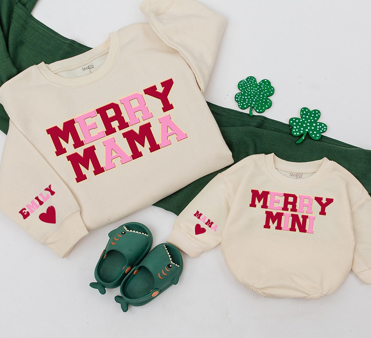 Matching Merry Mama and Mini Sweatshirts, Red-Brown & Pink Christmas Family Outfits, Personalized Mommy & Me Matching Set, Baby Girl Winter Gift