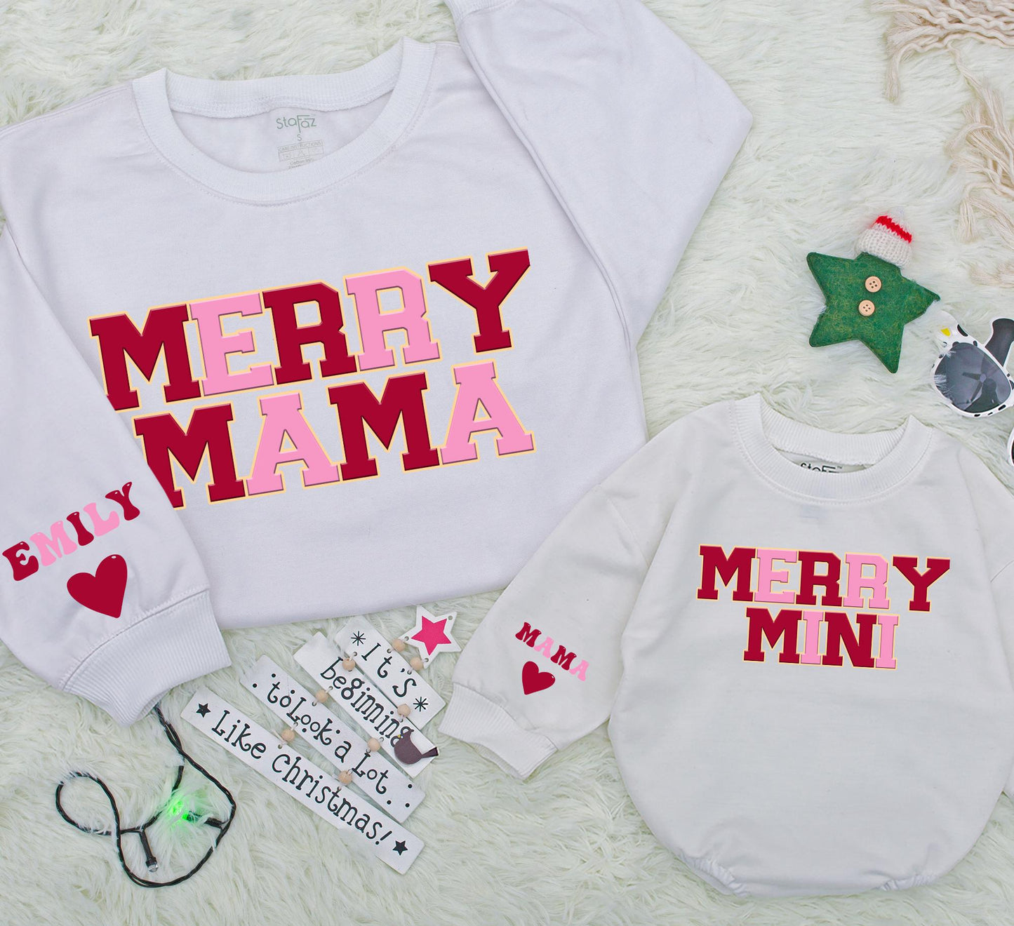 Matching Merry Mama and Mini Sweatshirts, Red-Brown & Pink Christmas Family Outfits, Personalized Mommy & Me Matching Set, Baby Girl Winter Gift