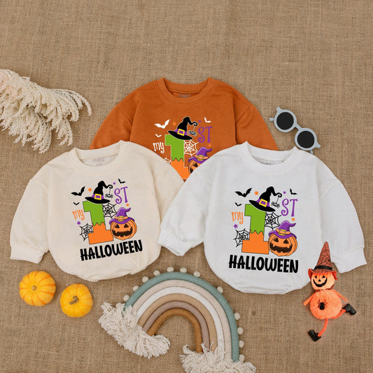 My 1st Halloween Romper Baby Girl Outfit Pumpkin Witch Bodysuit Cartoon Spiderwebs Bats Stars First Halloween Costume Newborn Shower Gift Cute 1 Orange Green