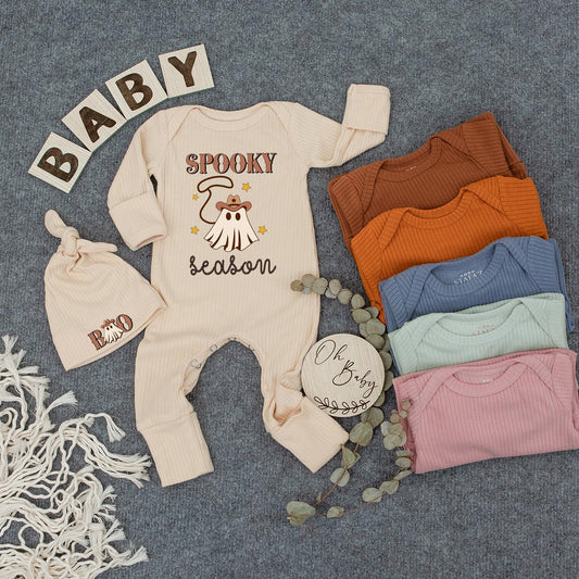 Spooky Season Baby Outfit Cowboy Ghost Bodysuit & Hat Set, Cute Halloween Infant Clothes, Boho Western Newborn Romper, New Mom Gift, Brown & Yellow Stars (139)