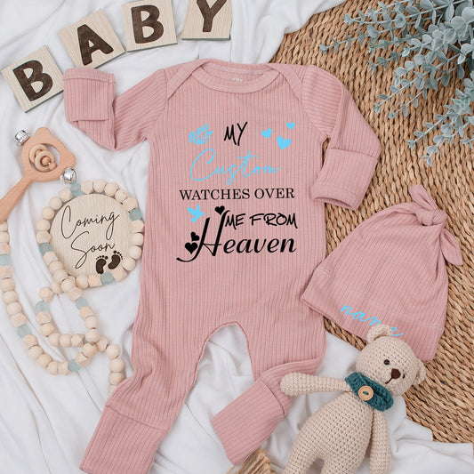 My Custom Name Watches Over Me From Heaven Baby Bodysuit Sweet Sentimental Blue Butterfly Heart Bird Design Newborn Outfit Pregnancy Announcement Gift