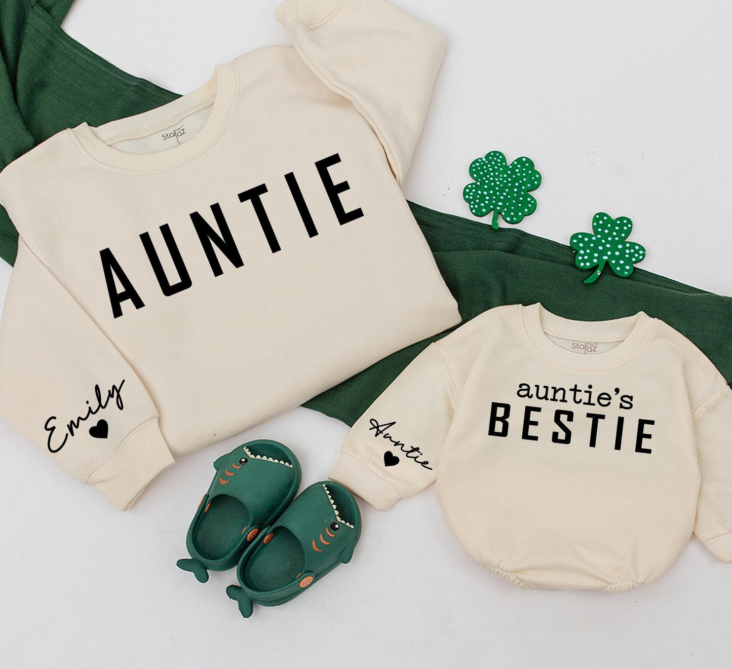 Personalized Auntie's Bestie Matching Romper and Auntie Sweatshirt Set, Custom Name Sleeve, Family Christmas Outfit, Aunt and Niece, Auntie Gift Idea (139 chars)