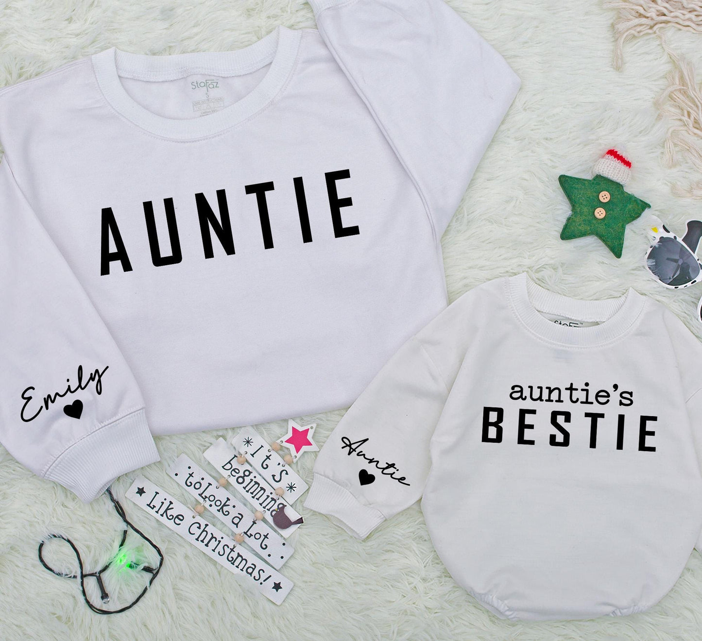 Personalized Auntie's Bestie Matching Romper and Auntie Sweatshirt Set, Custom Name Sleeve, Family Christmas Outfit, Aunt and Niece, Auntie Gift Idea (139 chars)