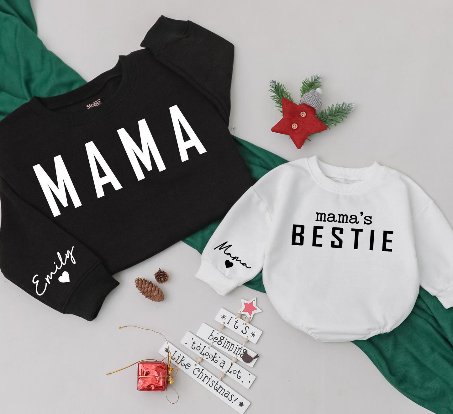 Custom Mama & Bestie Matching Sweatshirts with Sleeve Name for Family Holidays and Baby Gifts White Black Modern Playful
