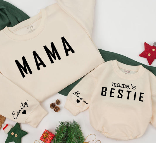 Custom Mama & Bestie Matching Sweatshirts with Sleeve Name for Family Holidays and Baby Gifts White Black Modern Playful