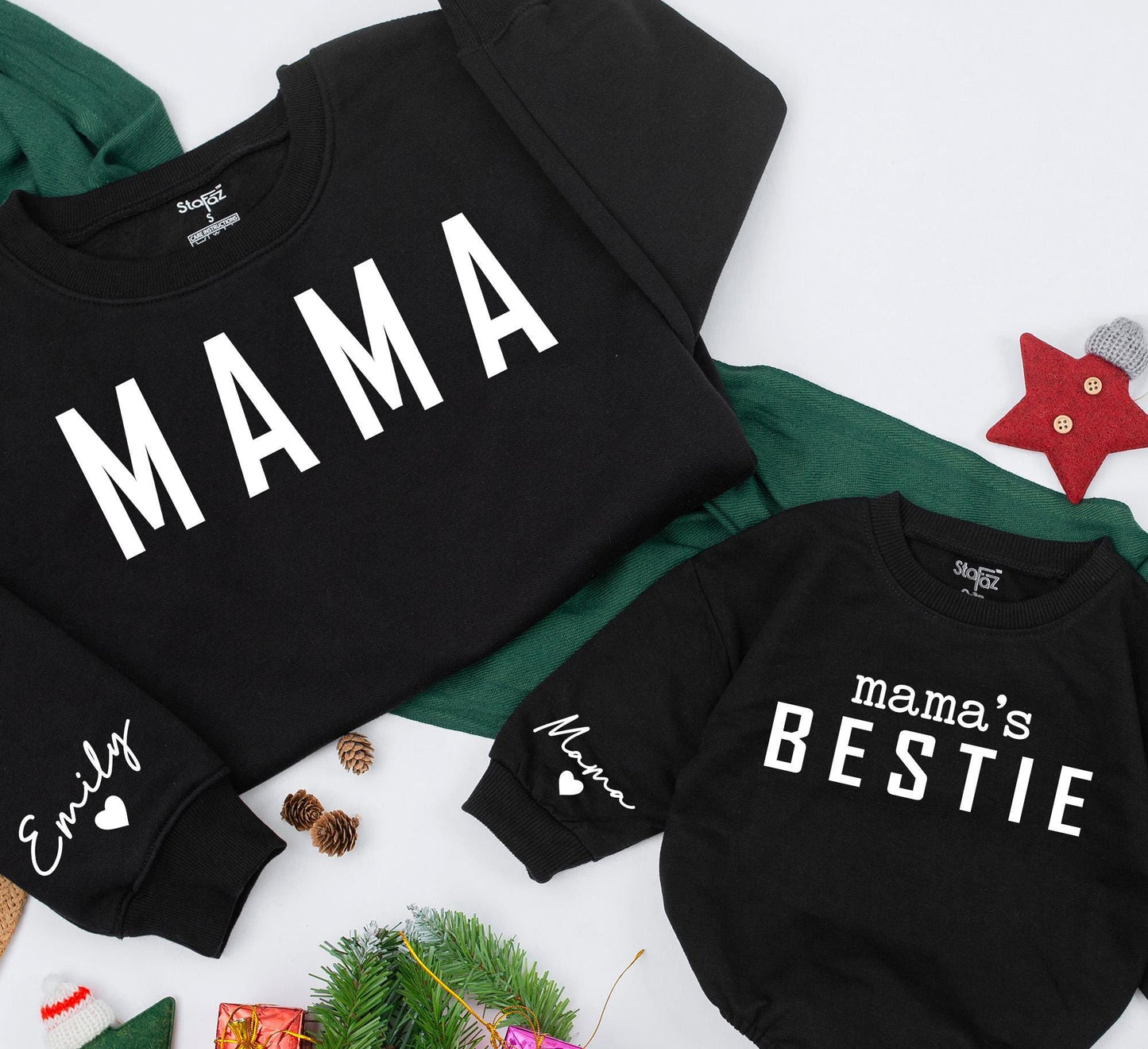 Custom Mama & Bestie Matching Sweatshirts with Sleeve Name for Family Holidays and Baby Gifts White Black Modern Playful