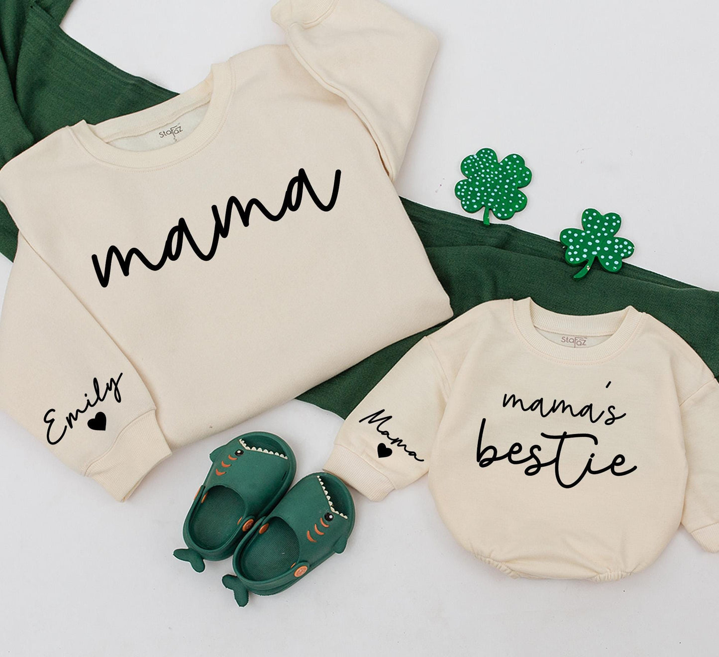Custom Mama and Bestie Matching Sweatshirt with Name on Sleeve Modern Playful Design Family Gift