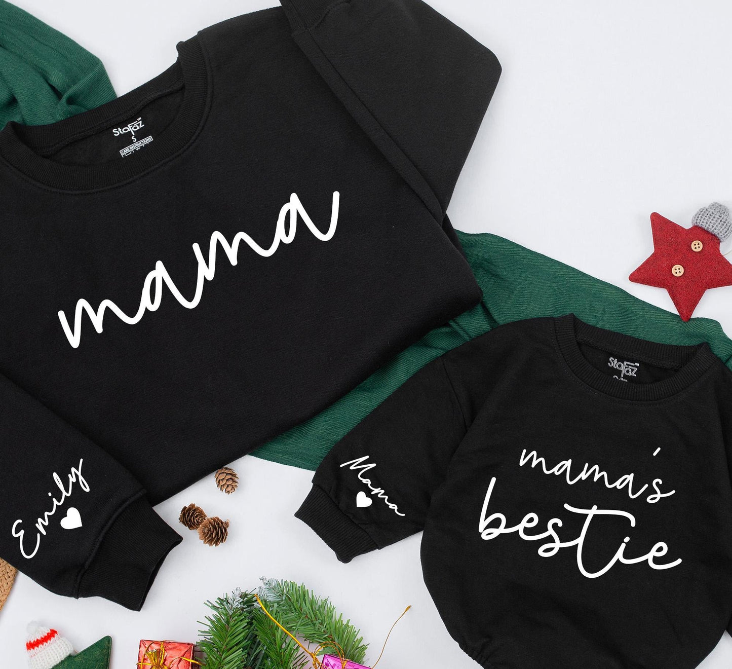 Custom Mama and Bestie Matching Sweatshirt with Name on Sleeve Modern Playful Design Family Gift