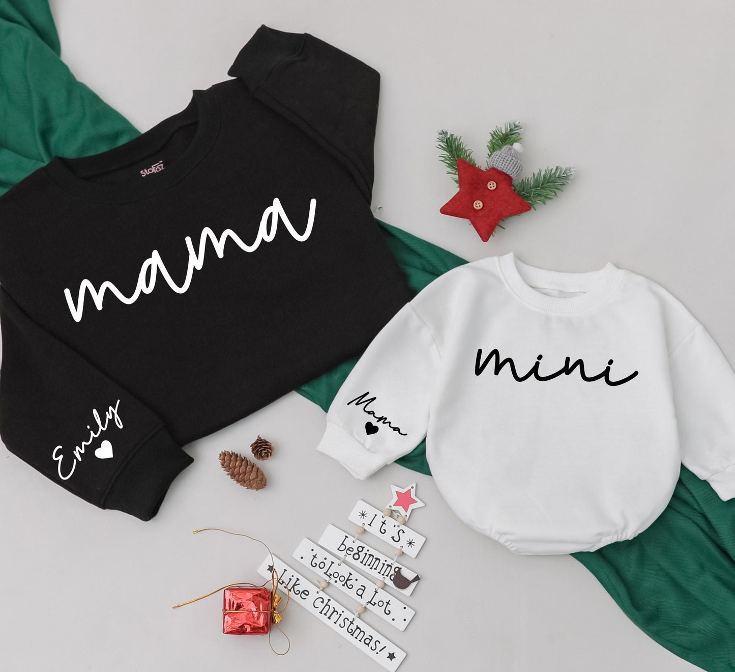 Mama & Mini Matching Sweatshirt Set - Personalized Cursive Name Family Outfits, Custom Baby Girl Romper Gift, Comfortable Mom & Daughter Christmas Clothes