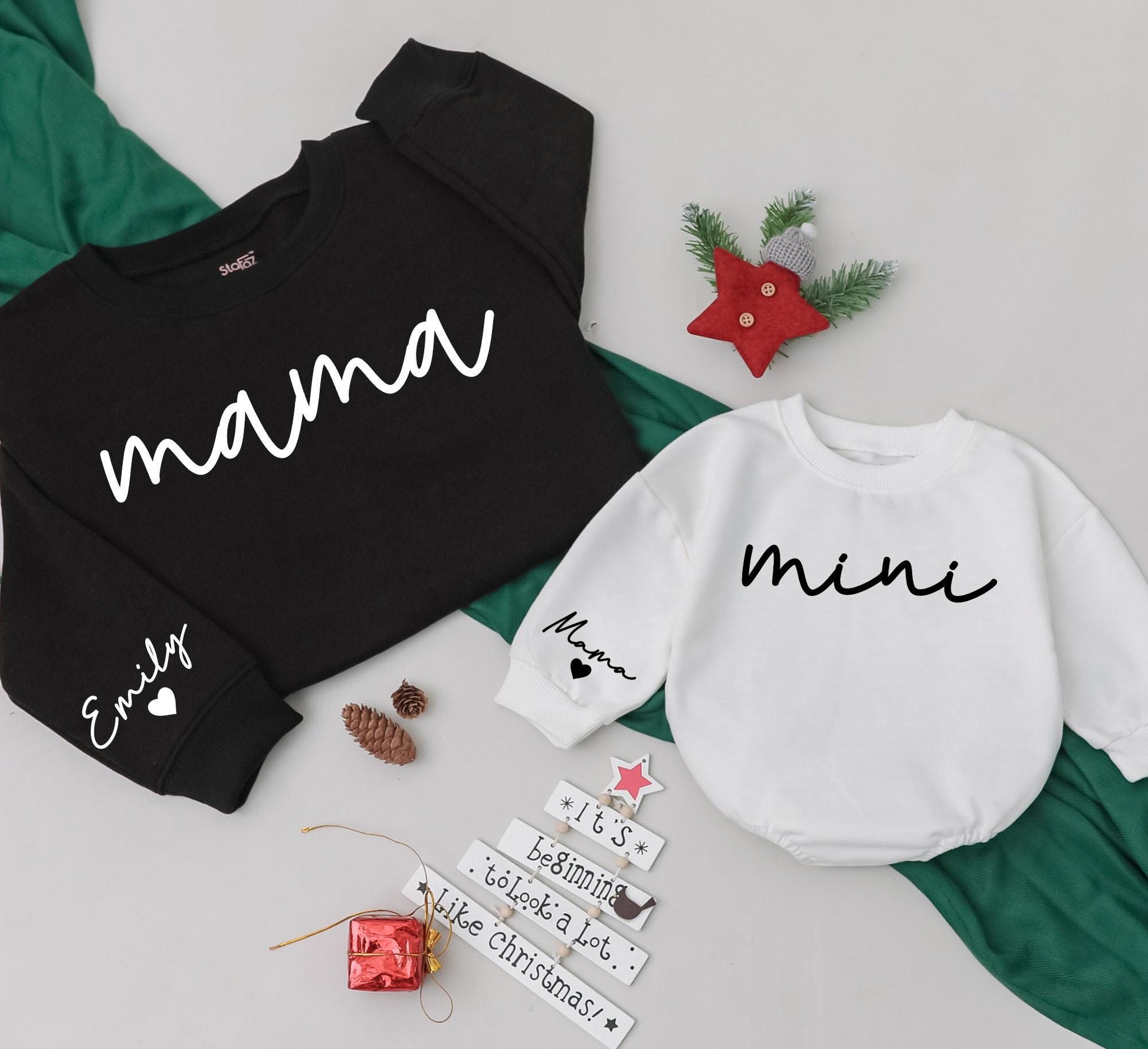 Mama & Mini Matching Sweatshirt Set - Personalized Cursive Name Family Outfits, Custom Baby Girl Romper Gift, Comfortable Mom & Daughter Christmas Clothes