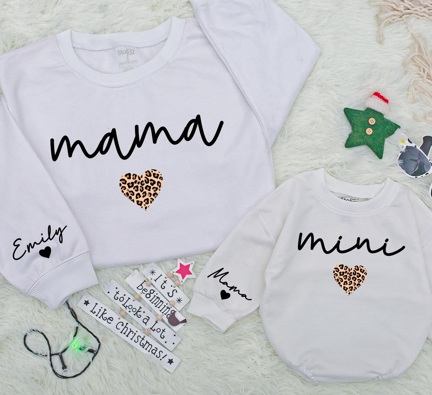 Matching Mama and Mini Leopard Heart Sweatshirts Custom Name Sleeve Detail Soft Mom Daughter Outfit Modern Girl Baby Christmas Gift Outfit 138 Chars