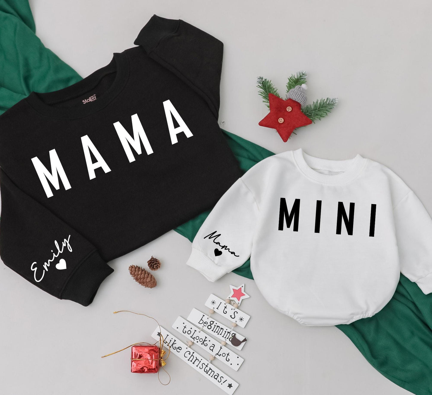Matching Mama & Mini Christmas Sweatshirts, Personalized Family Holiday Outfit, Mom & Baby Girl Matching, Emily & Heart, Casual Xmas Gift