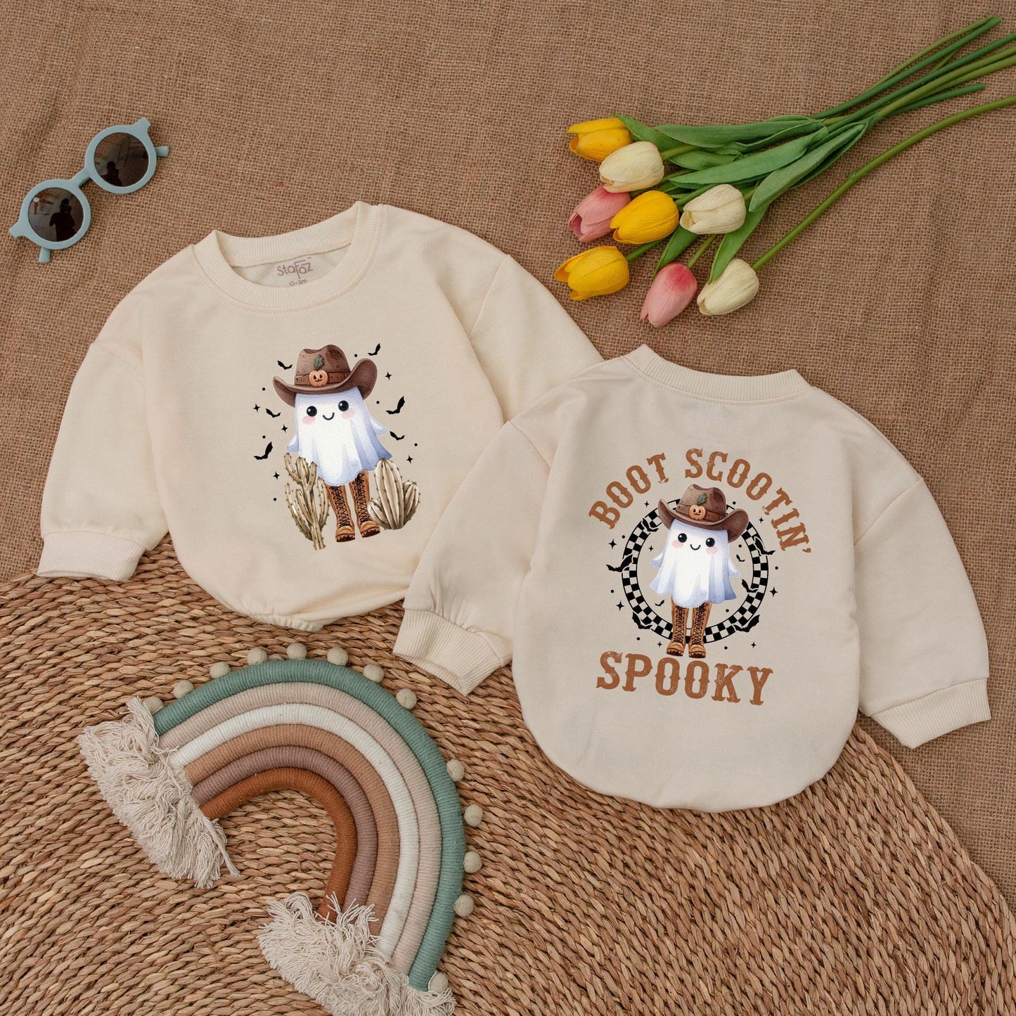 Boot Scootin' Spooky Baby Romper Western Ghost Halloween Outfit with Cowboy Hat Jack-o-lantern Vintage Bubble Bodysuit First Halloween Gift