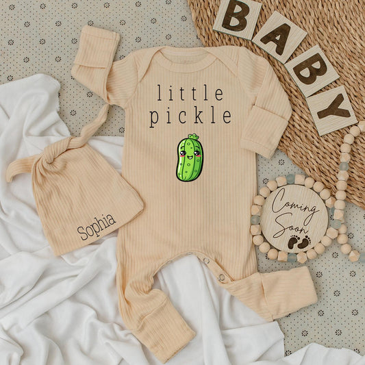 Little Pickle Baby Bodysuit & Hat Set, Sophia Name on Hat, Cute Green Pickle Design, Unisex Infant Romper, Baby Girl/Boy Gift, Pregnancy Announcement
