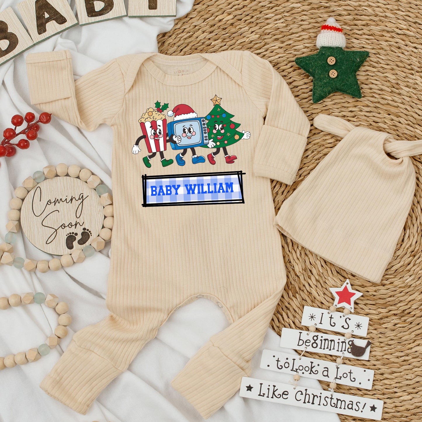 Personalized Retro Christmas Baby Bodysuit & Hat Set, Custom Name Holiday Romper, Infant Clothes with Cartoon TV, Popcorn, Tree—First Christmas Outfit (138 chars)