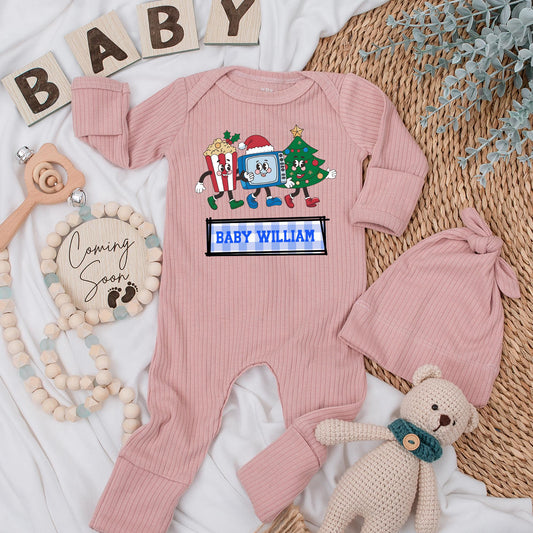 Personalized Retro Christmas Baby Bodysuit & Hat Set, Custom Name Holiday Romper, Infant Clothes with Cartoon TV, Popcorn, Tree—First Christmas Outfit (138 chars)