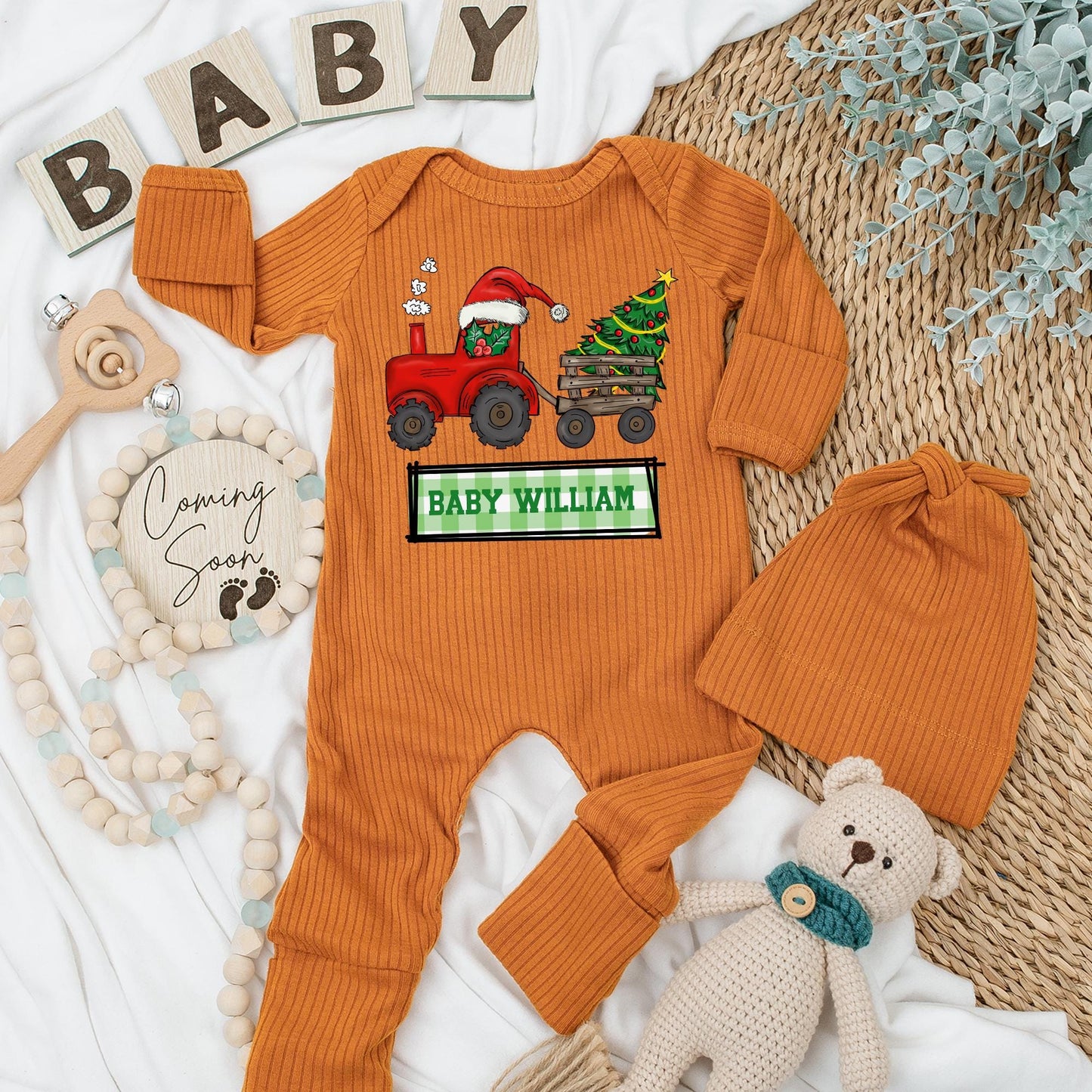 Personalized Baby William Christmas Tractor Bodysuit and Hat Set Newborn Holiday Outfit Red Santa Tractor Gift for Boys Girls