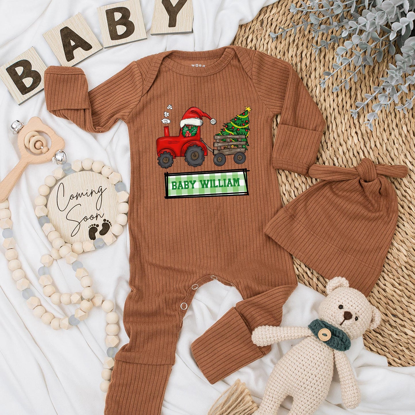 Personalized Baby William Christmas Tractor Bodysuit and Hat Set Newborn Holiday Outfit Red Santa Tractor Gift for Boys Girls