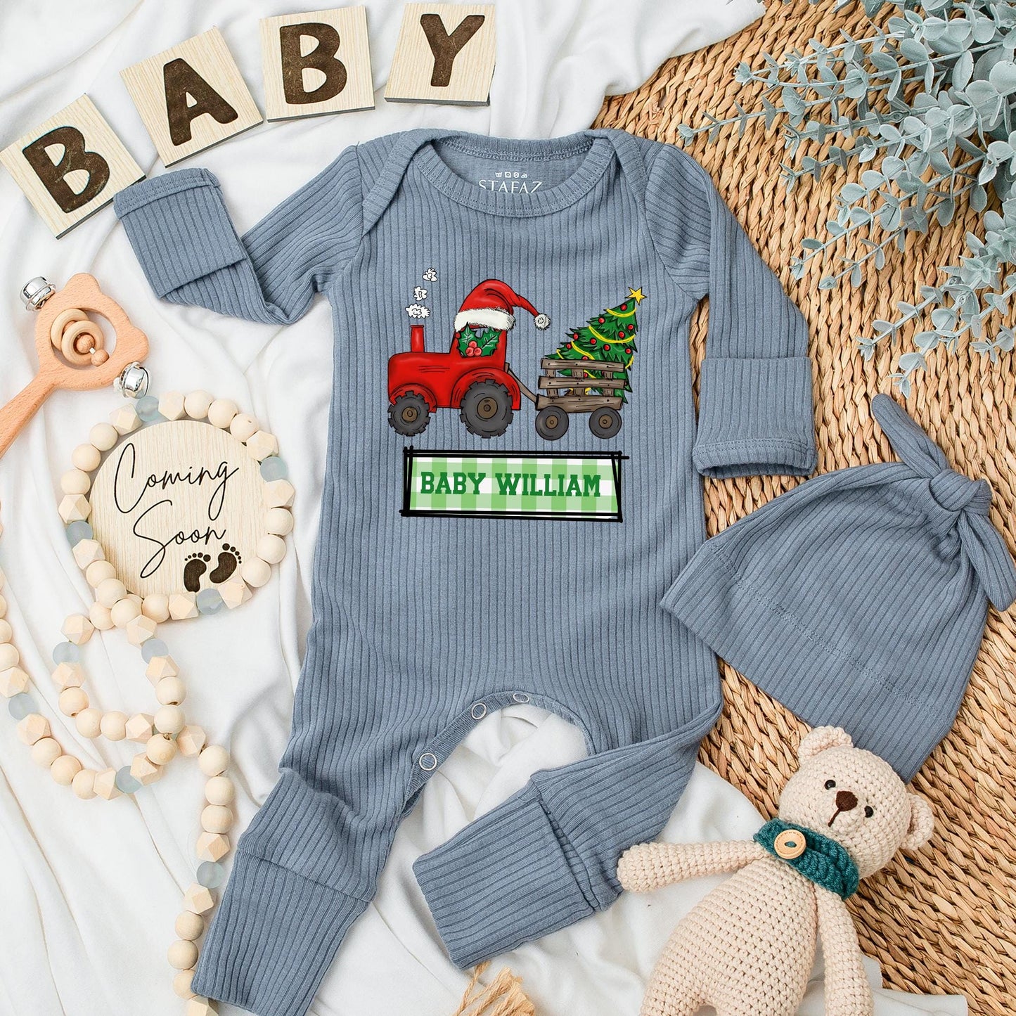Personalized Baby William Christmas Tractor Bodysuit and Hat Set Newborn Holiday Outfit Red Santa Tractor Gift for Boys Girls