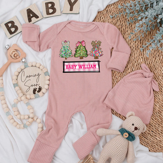 Personalized Baby Christmas Jumpsuit Outfit Pink Dalmation Leopard Tree Design Gingham Newborn Clothes Holiday Gift Infant Boy Girl Set