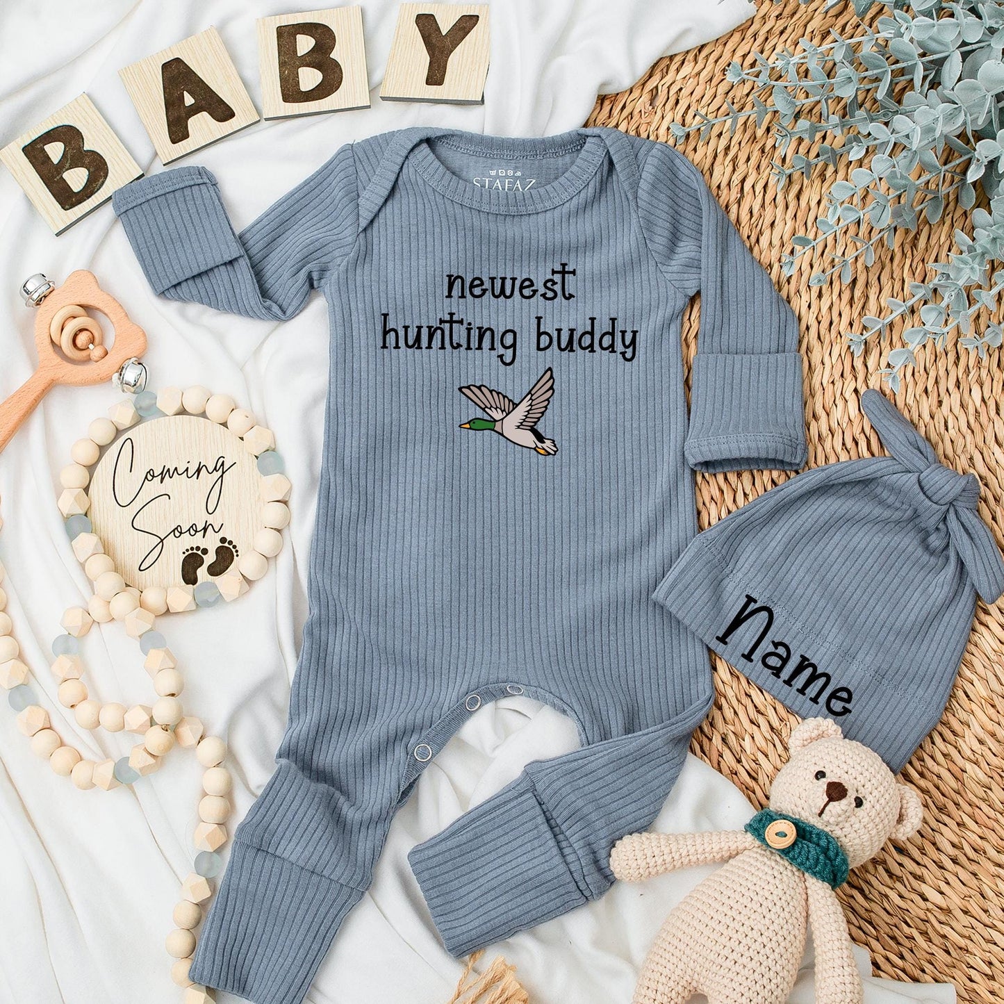 Newest Hunting Buddy Duck Baby Bodysuit & Hat Set, Little Hunter Newborn Outfit, Mallard Duck Clothes, Baby Shower Gift, Cute Duck Baby Outfit, Teal Hunting