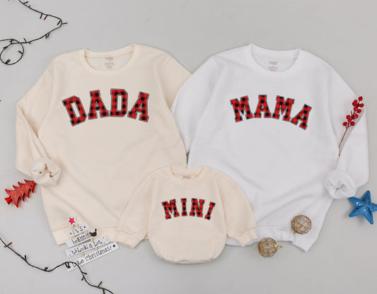 Personalized Red Plaid Mama and Mini Matching Christmas Sweatshirts for Family Outfits Daughter Kid Baby Girl Romper Gift