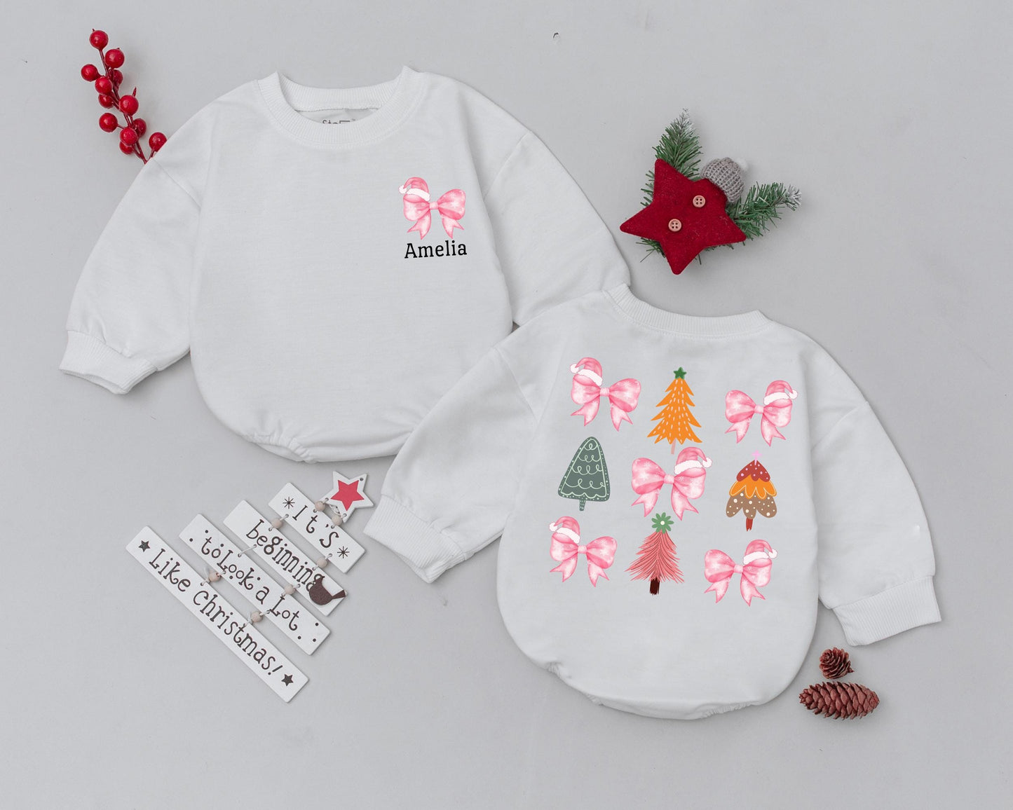 Amelia's First Christmas Romper: Pink Bows & Santa Hats! Custom Name Xmas Outfit, Festive Girly Bubble Romper, Baby Shower Gift, Infant Clothes