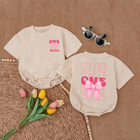 Custom 1st Birthday Girl Romper with Pink Bow & Baby Name