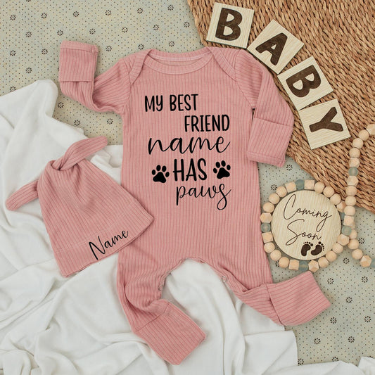 Personalized My Best Friend Has Paws Baby Bodysuit and Hat Set with Name Infant Romper Outfit Newborn Shower Gift Playful Paw Print Design