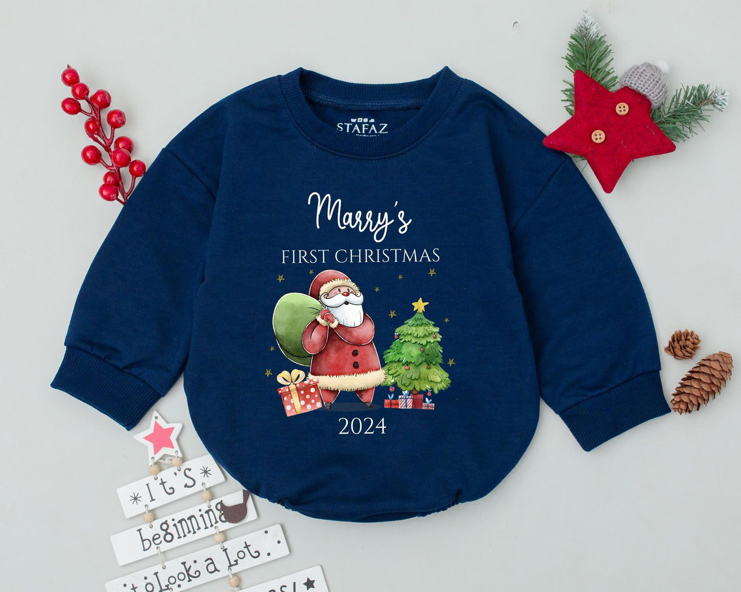 Vintage Santa Personalized Romper: First Christmas Baby Bodysuit