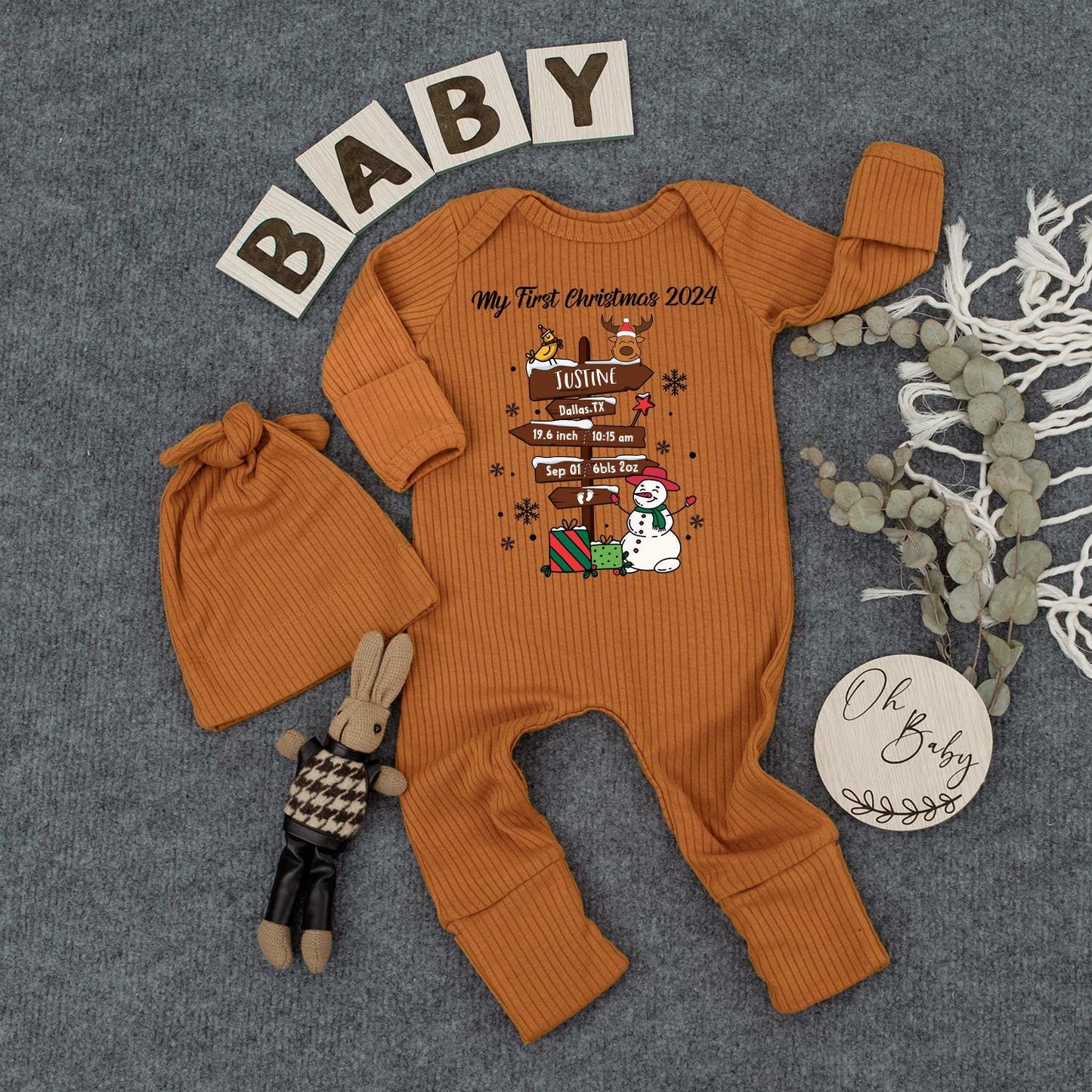 My First Christmas 2024 Bodysuit & Hat Set Personalized Newborn Outfit Custom Baby Girl Coming Home Outfit Holiday Jumpsuit Baby Shower Gift Set 19.6 inch