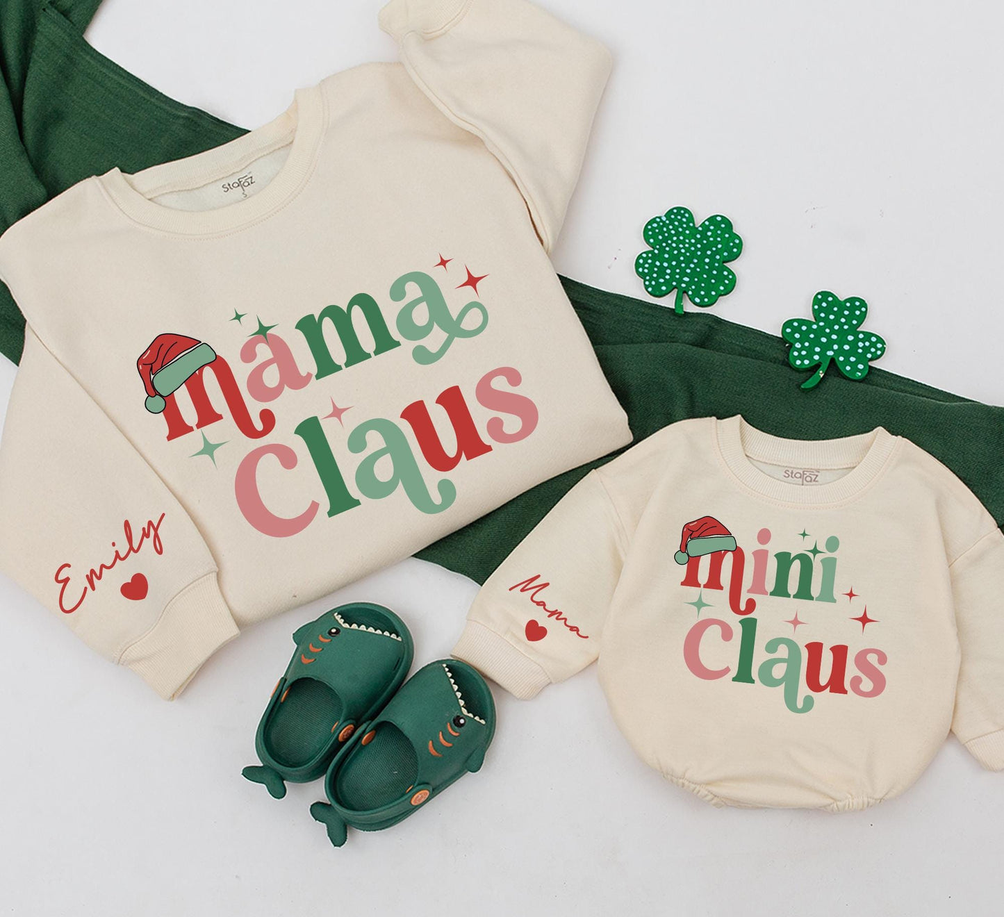 Personalized Mom Baby Matching Mama Mini Claus Christmas Sweatshirts Retro Red Green Star Holiday Apparel with Custom Sleeve Names