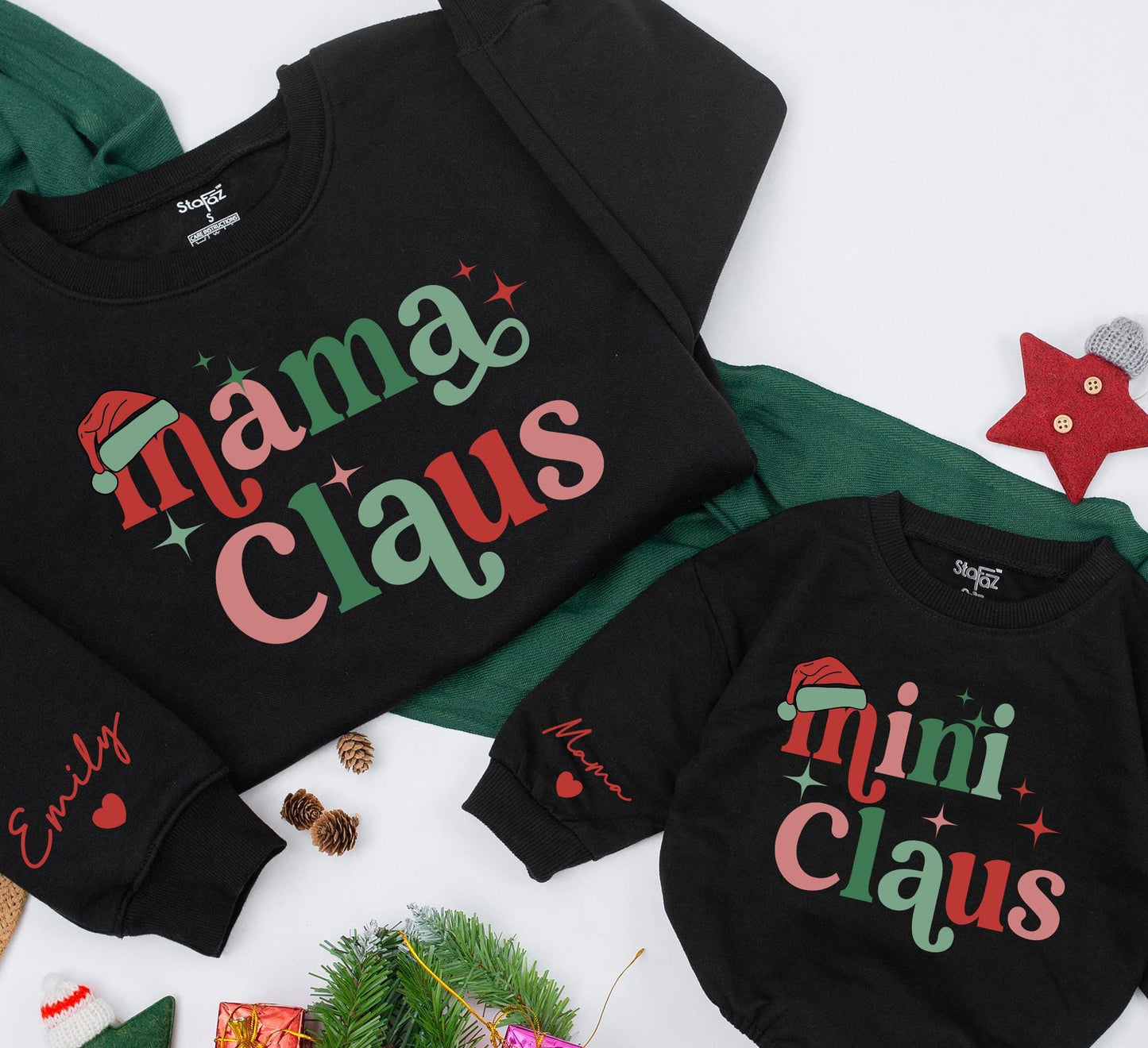 Personalized Mom Baby Matching Mama Mini Claus Christmas Sweatshirts Retro Red Green Star Holiday Apparel with Custom Sleeve Names