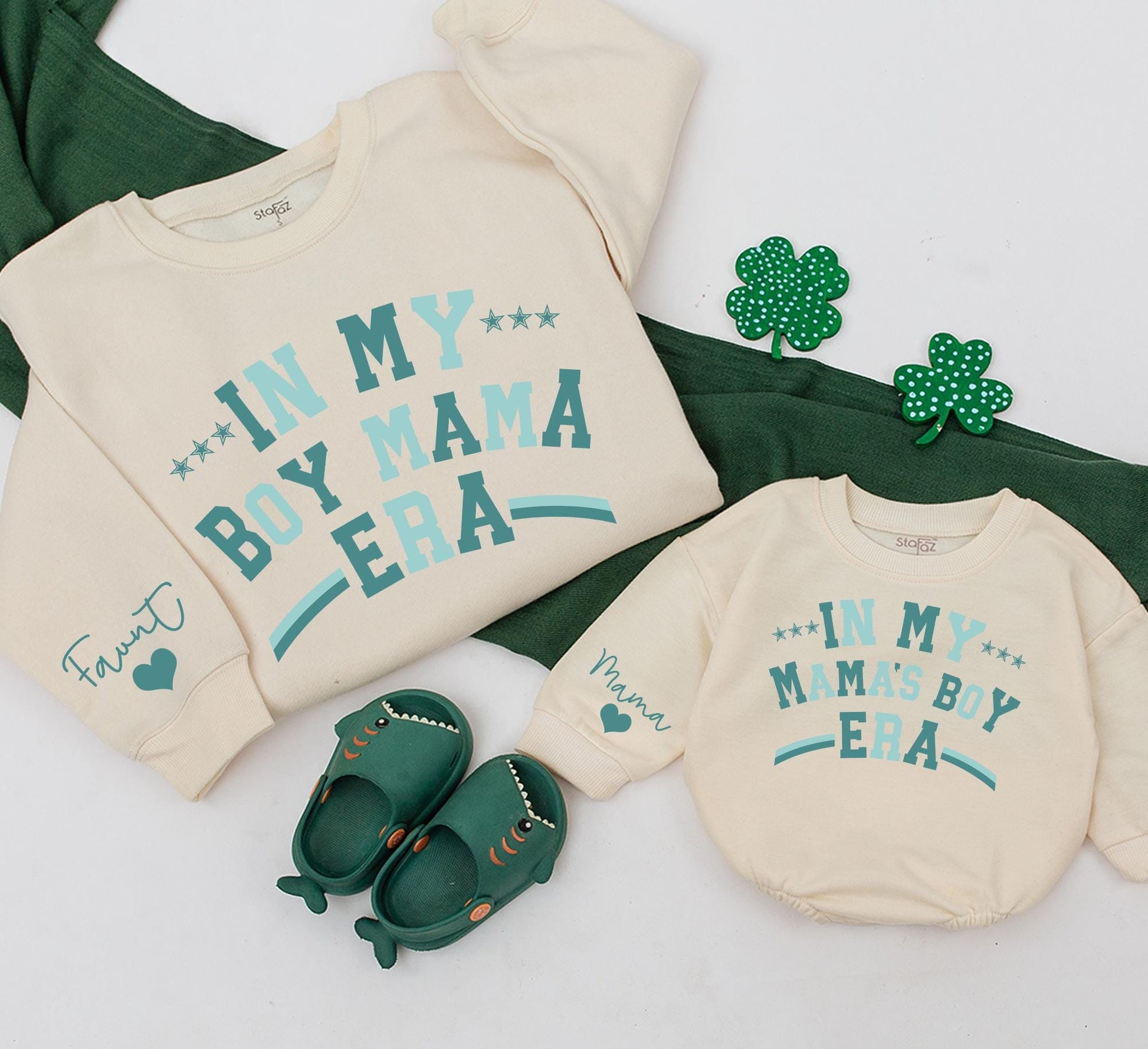 Matching Boy Mama Era Sweatshirts for Mom & Baby Girl, Teal Print Christmas Outfit, Custom Romper Gift