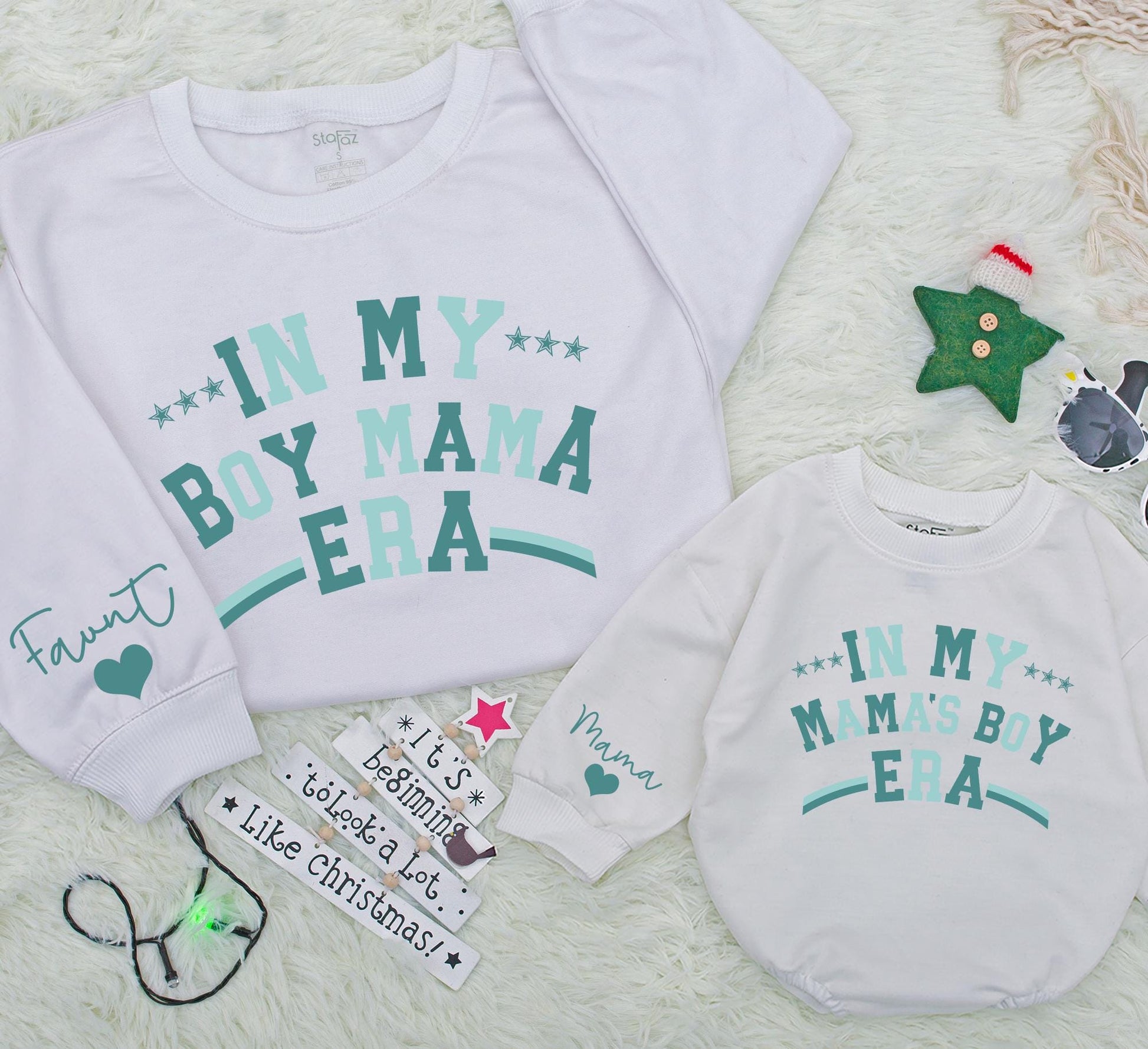 Matching Boy Mama Era Sweatshirts for Mom & Baby Girl, Teal Print Christmas Outfit, Custom Romper Gift