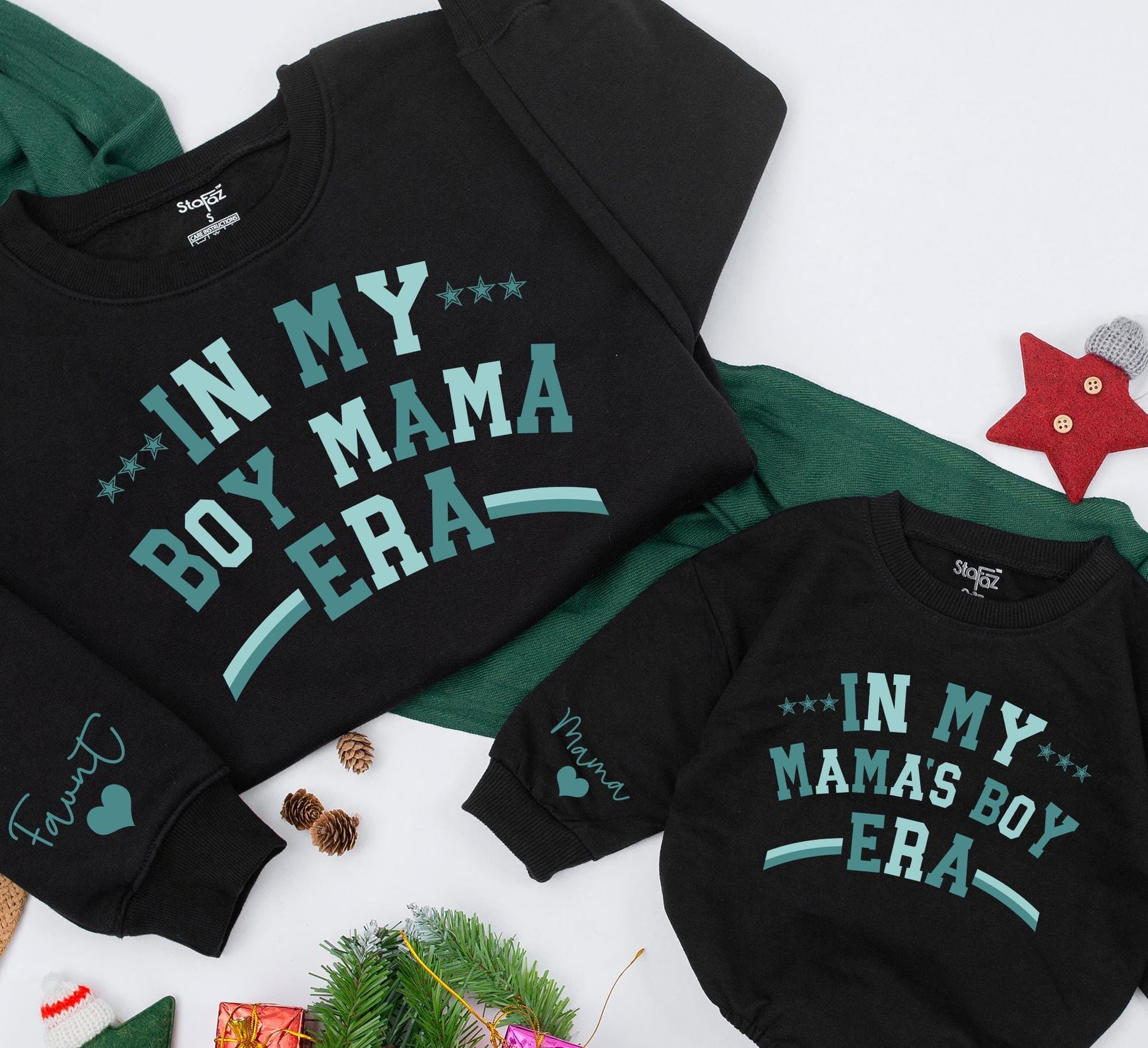 Matching Boy Mama Era Sweatshirts for Mom & Baby Girl, Teal Print Christmas Outfit, Custom Romper Gift